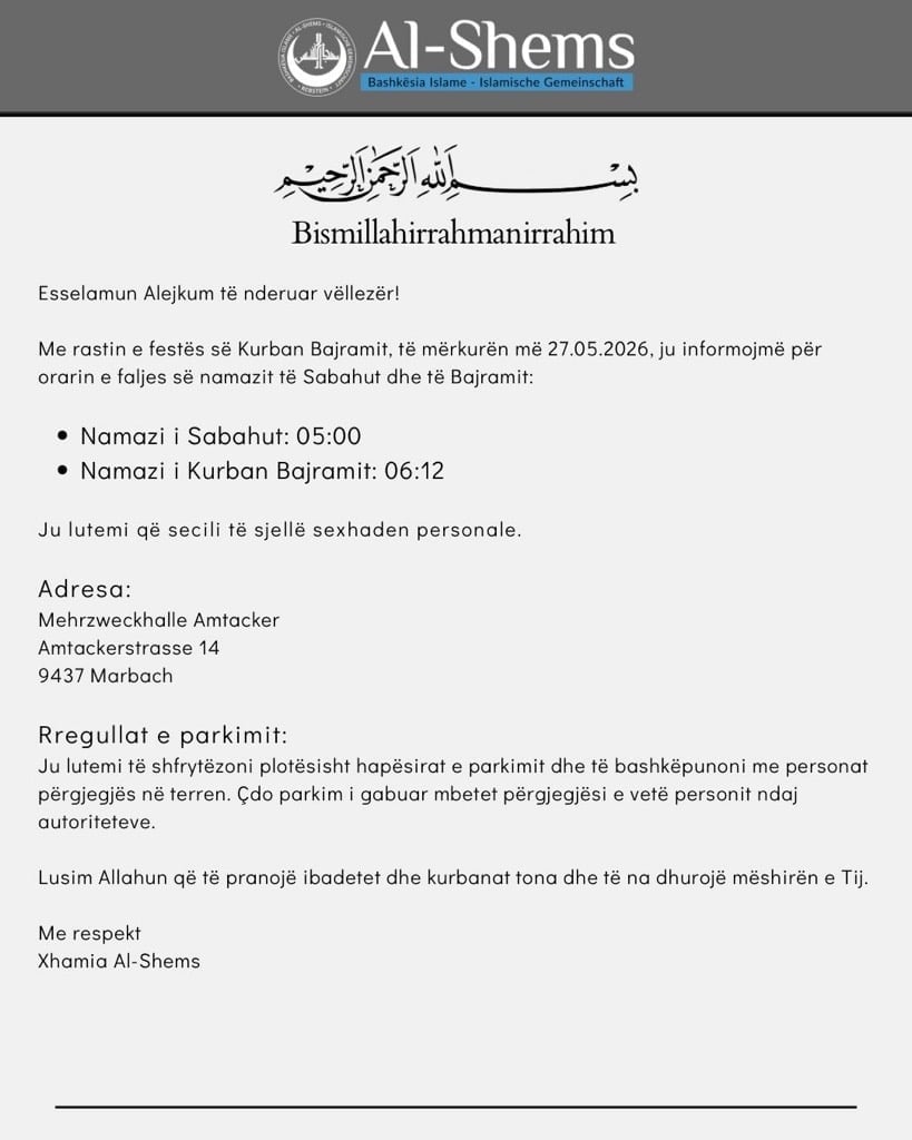 NJOFTIM për Namazin e Kurban-Bajramit 🕌